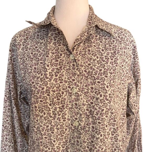LL Bean Vtg Button Up Long Sleeve Cotton Shirt Floral Woman Small Purple Cream - Picture 4 of 9